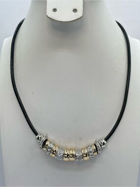 RMN Silver Gold Tone Beaded Cord Necklace Modern Statement Necklace